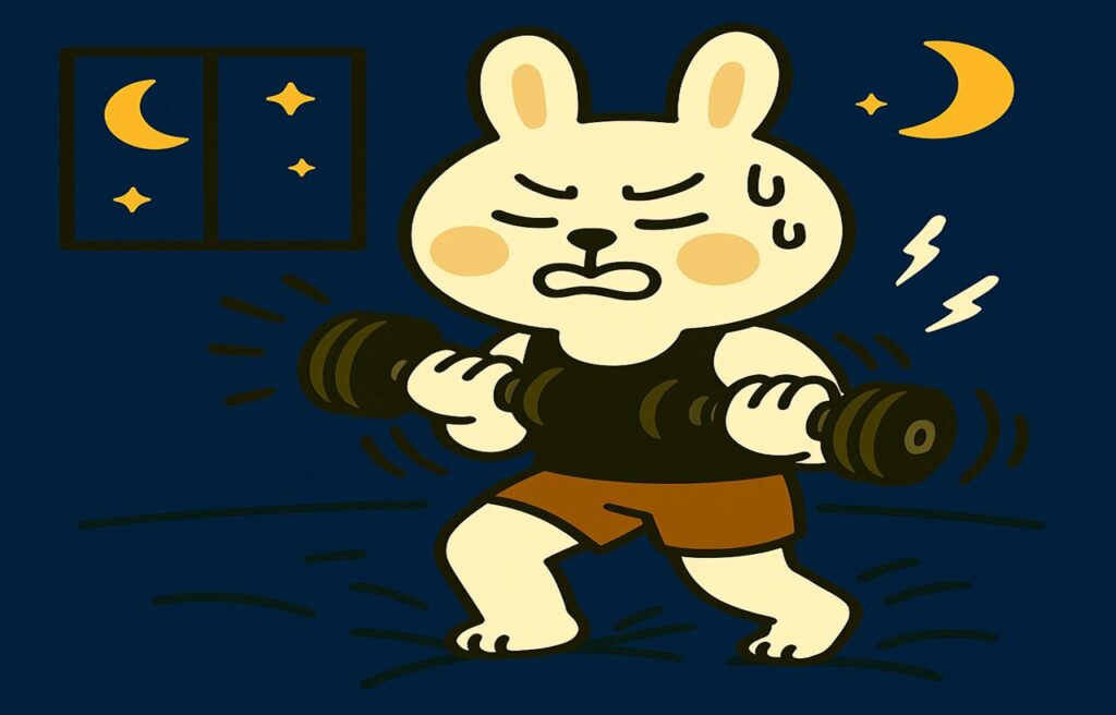 夜の部屋で激しい筋トレをする薬剤師うさぎ「みどりん」。汗をかきながら腕立て伏せをしており、背景は暗く、就寝前の時間帯を示している。